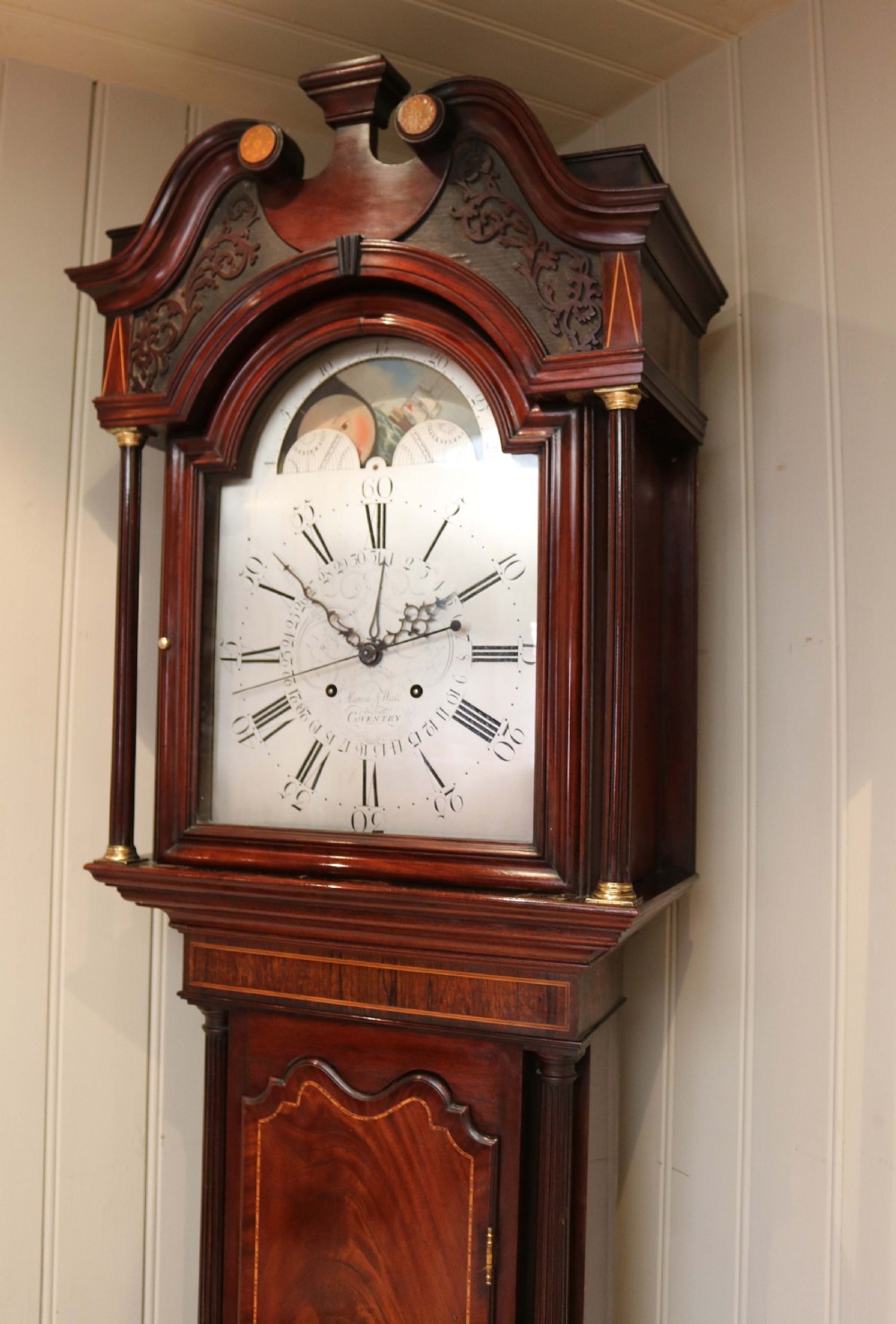 Mahogany and Inlay Centre Seconds Longcase Clock (England, c. 1790 to c. 1800) View II