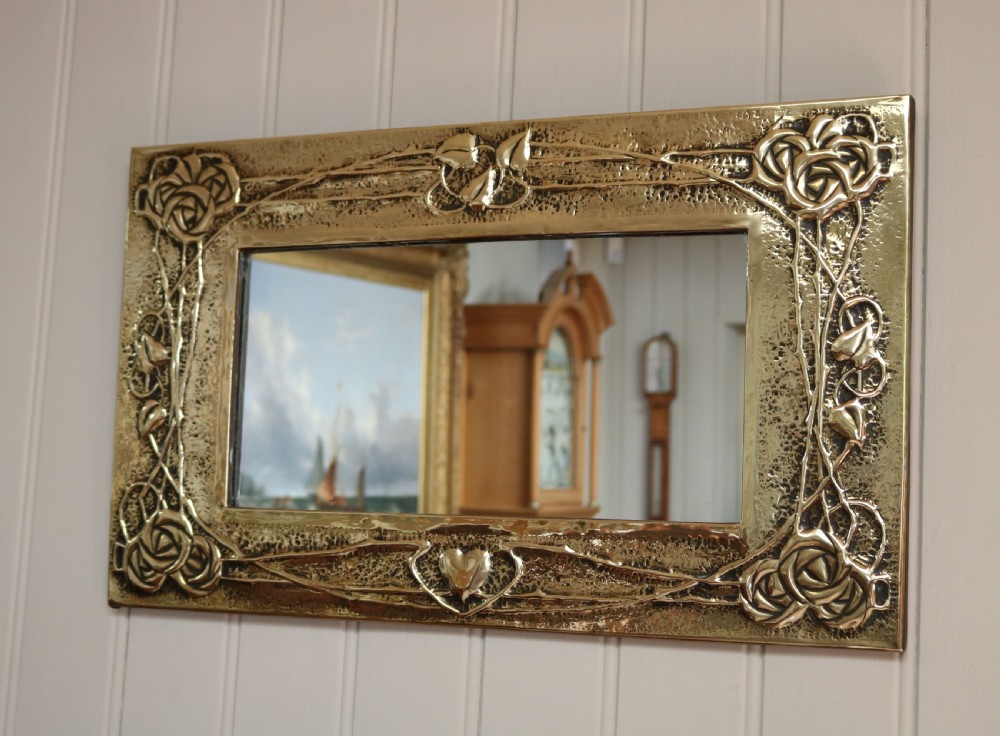 Arts And Crafts Embossed Brass Wall Mirror View VII