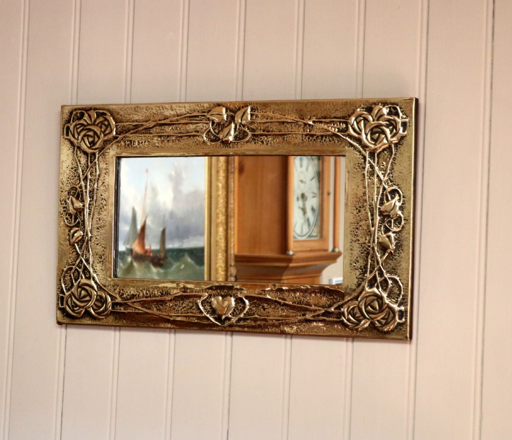 Arts And Crafts Embossed Brass Wall Mirror View IX