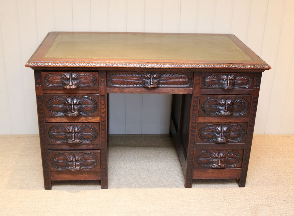 Victorian Green Man Carved Oak Pedestal Desk