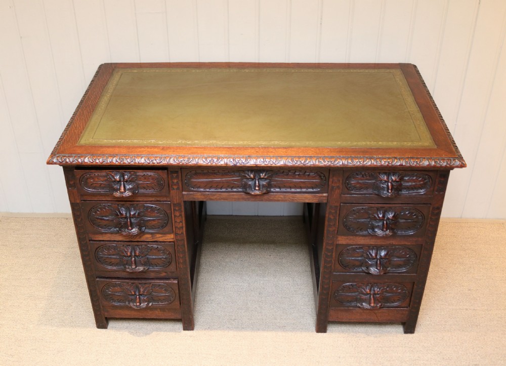 Victorian Green Man Carved Oak Pedestal Desk View II