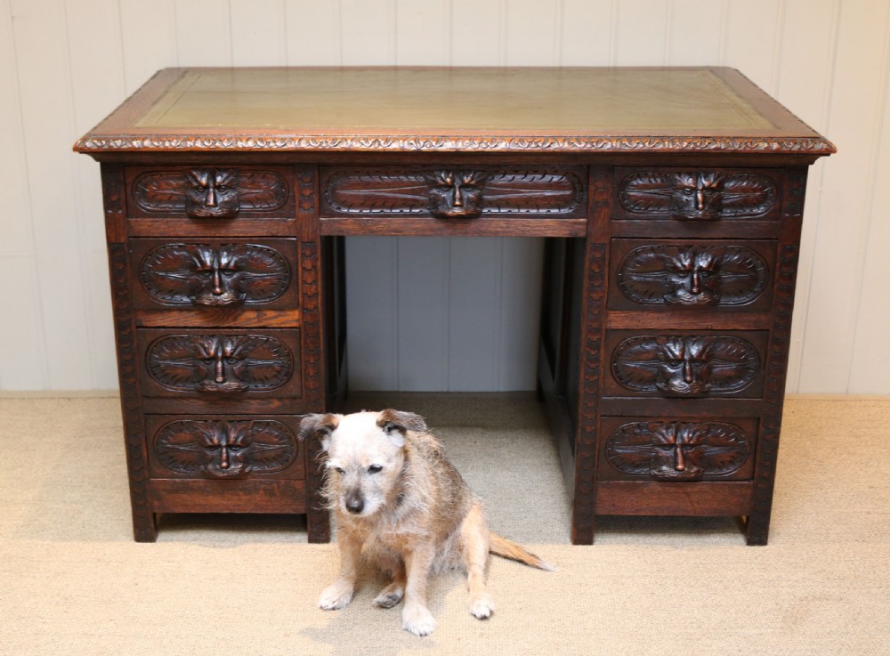 Victorian Green Man Carved Oak Pedestal Desk View III