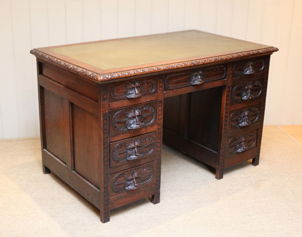 Victorian Green Man Carved Oak Pedestal Desk View IV