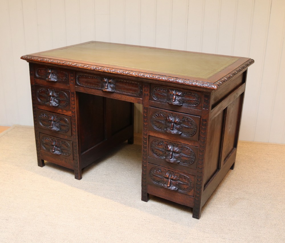 Victorian Green Man Carved Oak Pedestal Desk View V
