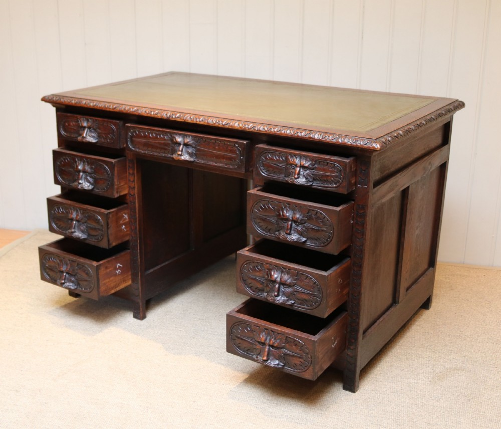 Victorian Green Man Carved Oak Pedestal Desk View VII