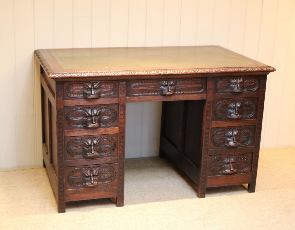 Victorian Green Man Carved Oak Pedestal Desk View VIII