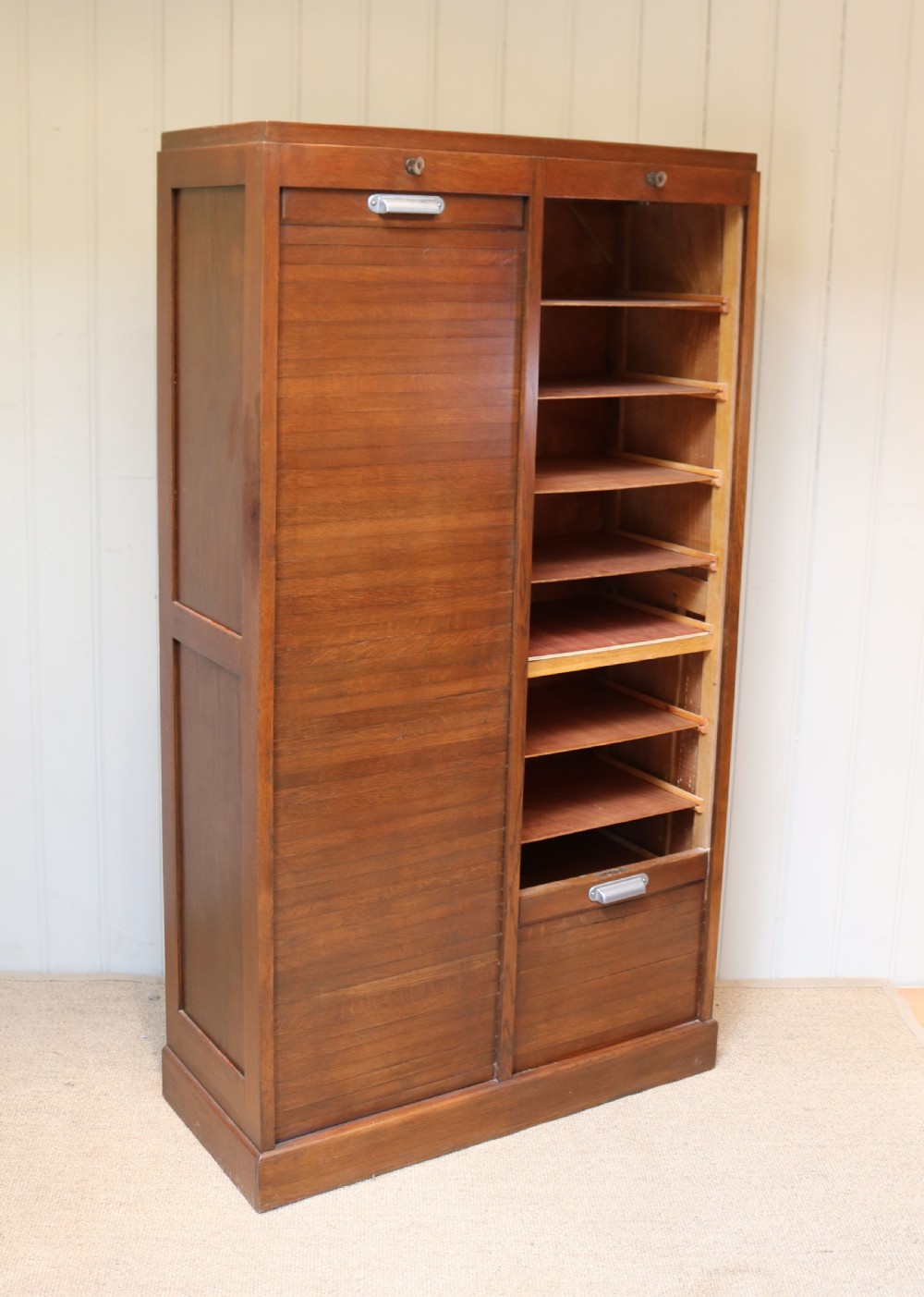 French Oak Double Tambour Front Filing Cabinet 