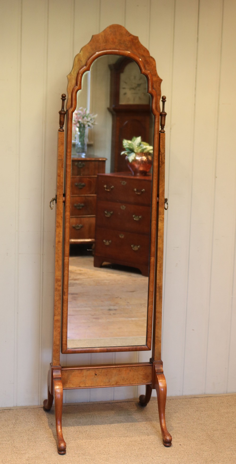 Walnut Queen Anne Style Cheval Mirror