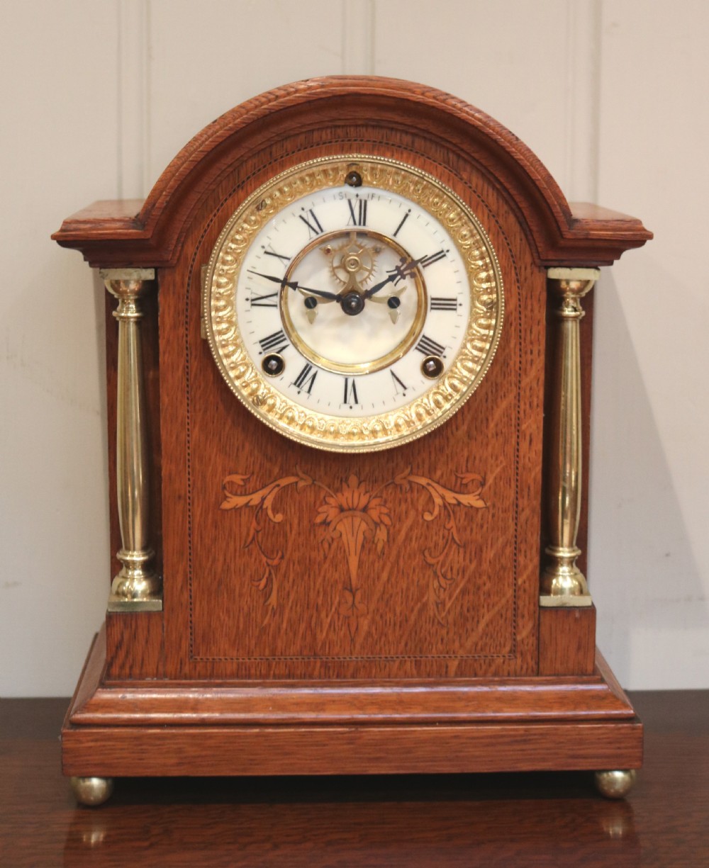 Oak and Inlay Visible Escapement Mantel Clock View II