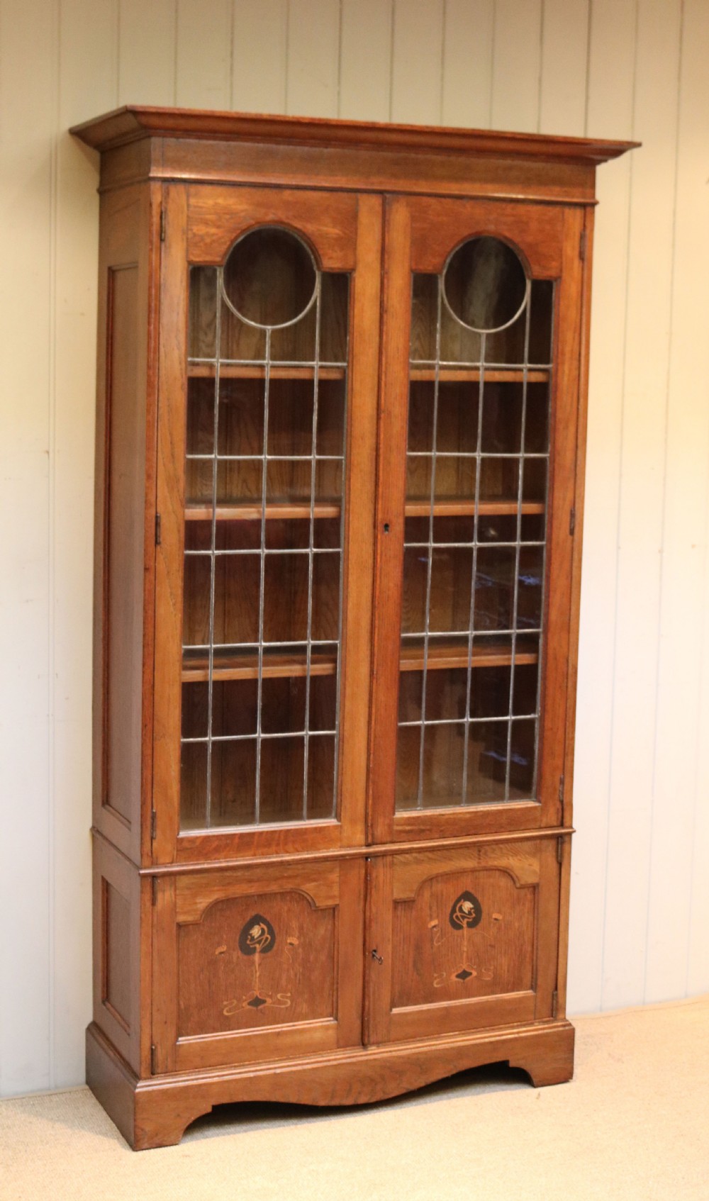 Tall Arts And Crafts Oak Cabinet Bookcase View IV