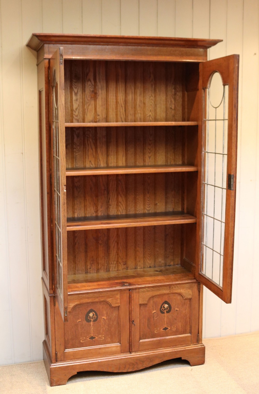 Tall Arts And Crafts Oak Cabinet Bookcase View VI