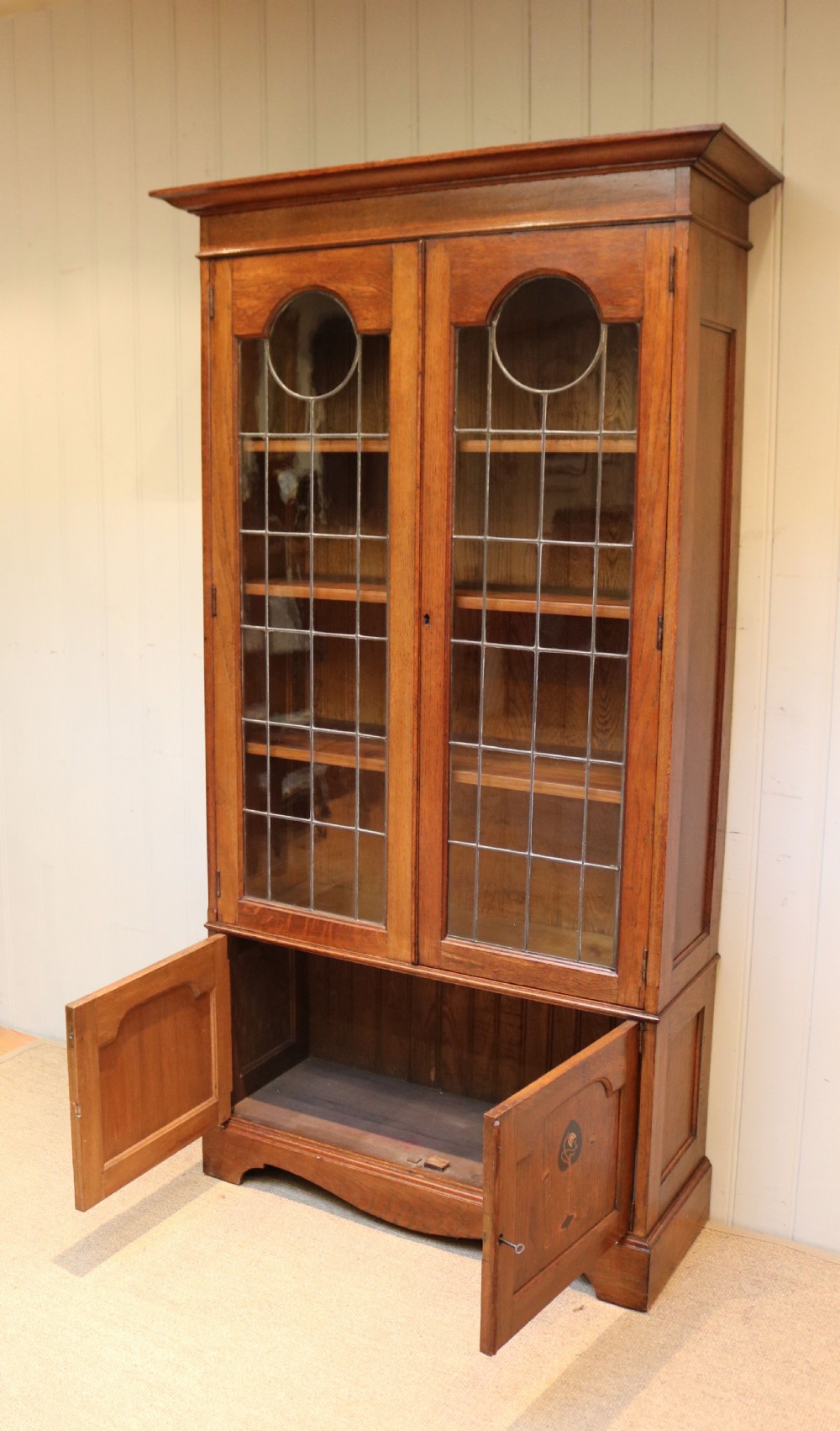 Tall Arts And Crafts Oak Cabinet Bookcase View VIII