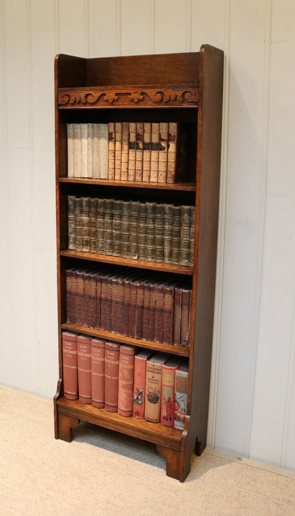 Tall Slim Oak Open Book Shelves View III