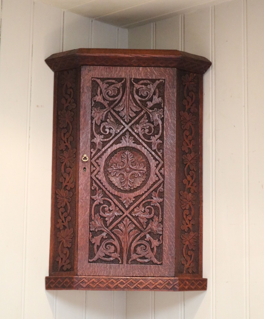 Carved Oak Corner Wall Cabinet View III