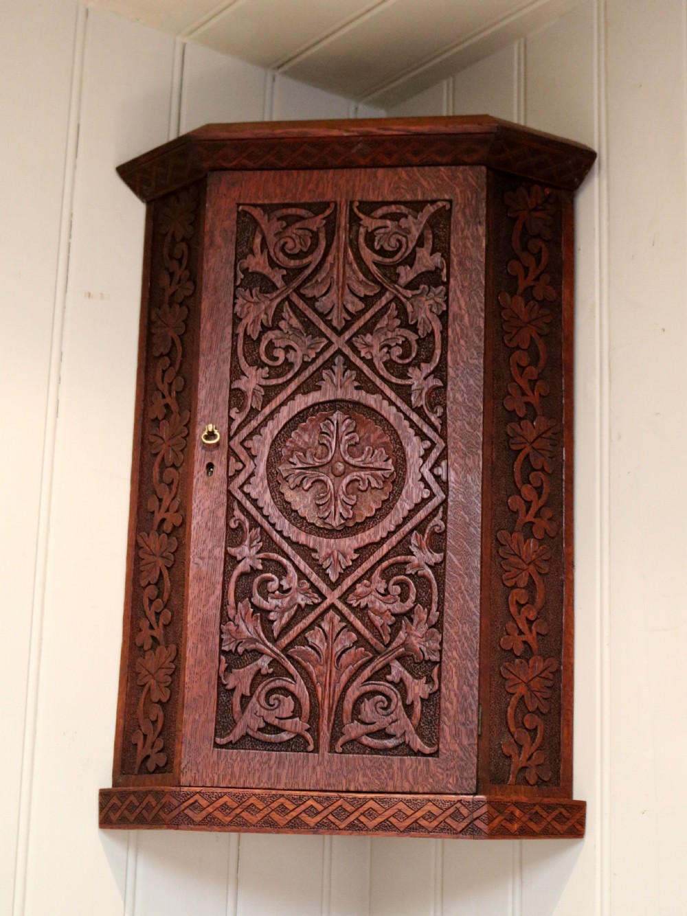 Carved Oak Corner Wall Cabinet View V