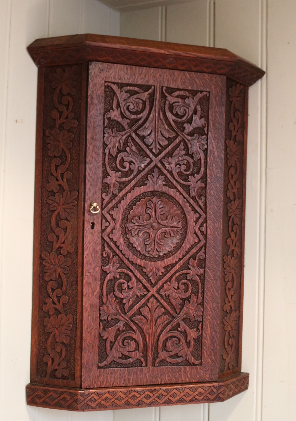 Carved Oak Corner Wall Cabinet View VI