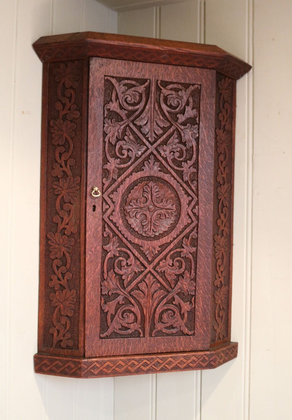 Carved Oak Corner Wall Cabinet View VII