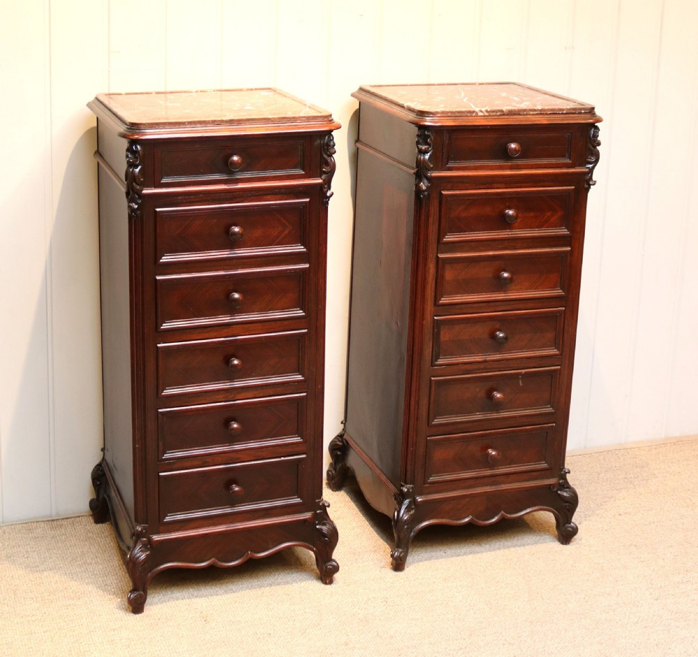 Pair Of French Rosewood Marble Top Bedside Cabinets