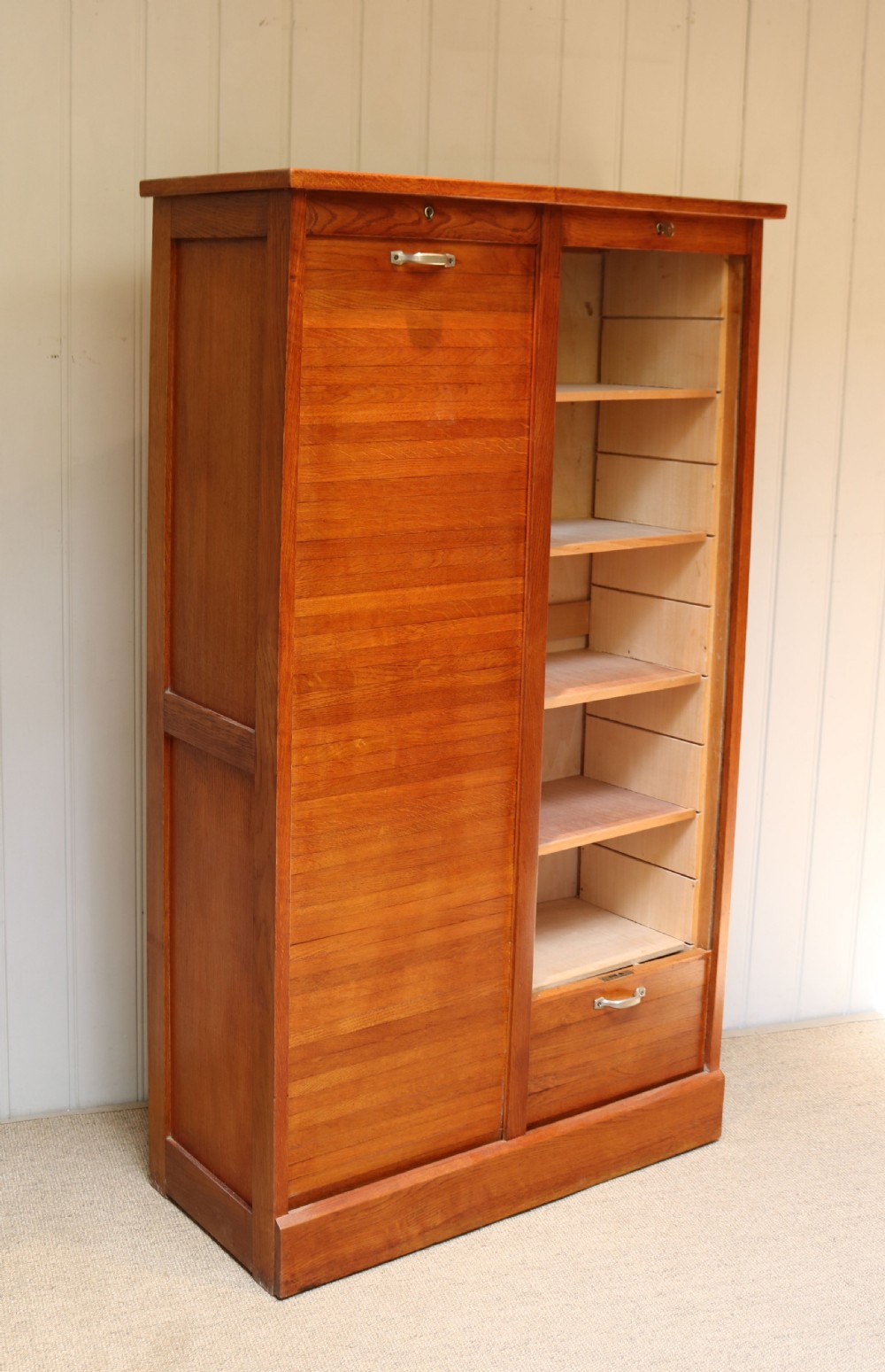 French Oak Double Tambour Front Filing Cabinet
