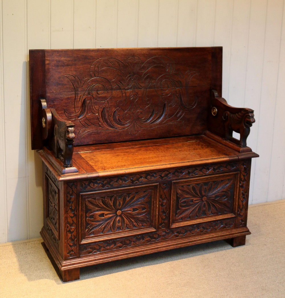 Carved Oak Monks Bench