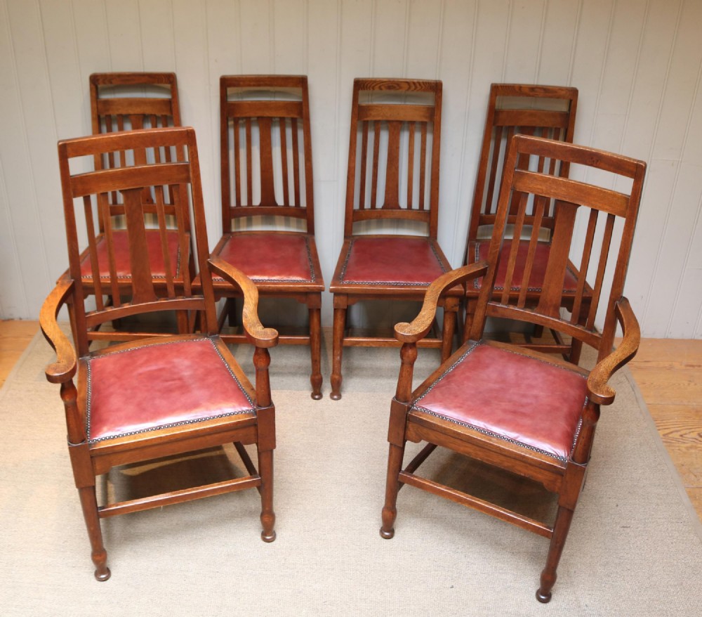 Set of Six Solid Oak Arts And Crafts Dining Chairs
