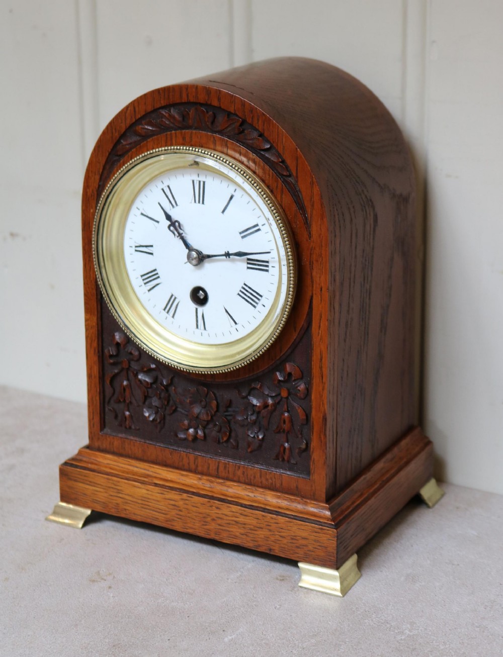 Edwardian Oak Arch Top Mantel Clock