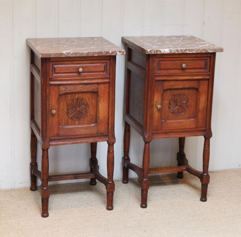 Pair Of French Oak Marble Top Bedside Cabinets