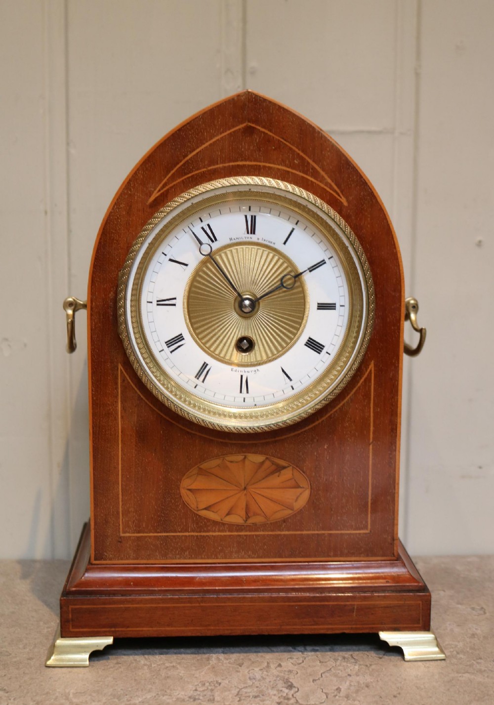 Edwardian Mahogany And Inlay Lancet Top Mantel Clock