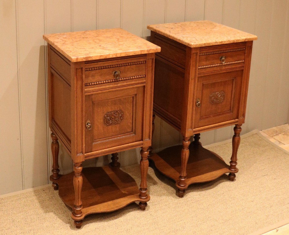 Pair Of Oak Marble Top Bedside Cabinets