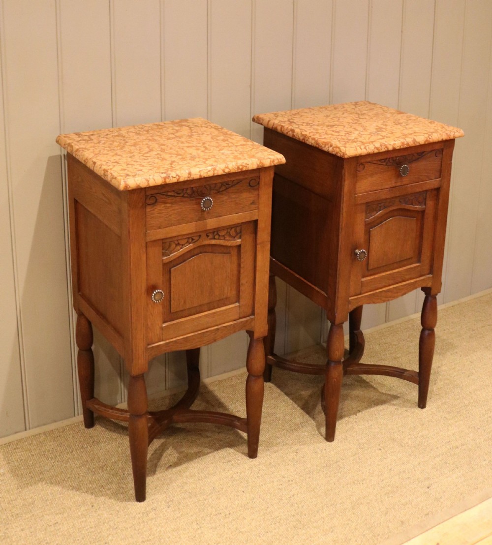 Pair Of French Oak Marble Top Bedside Cabinets