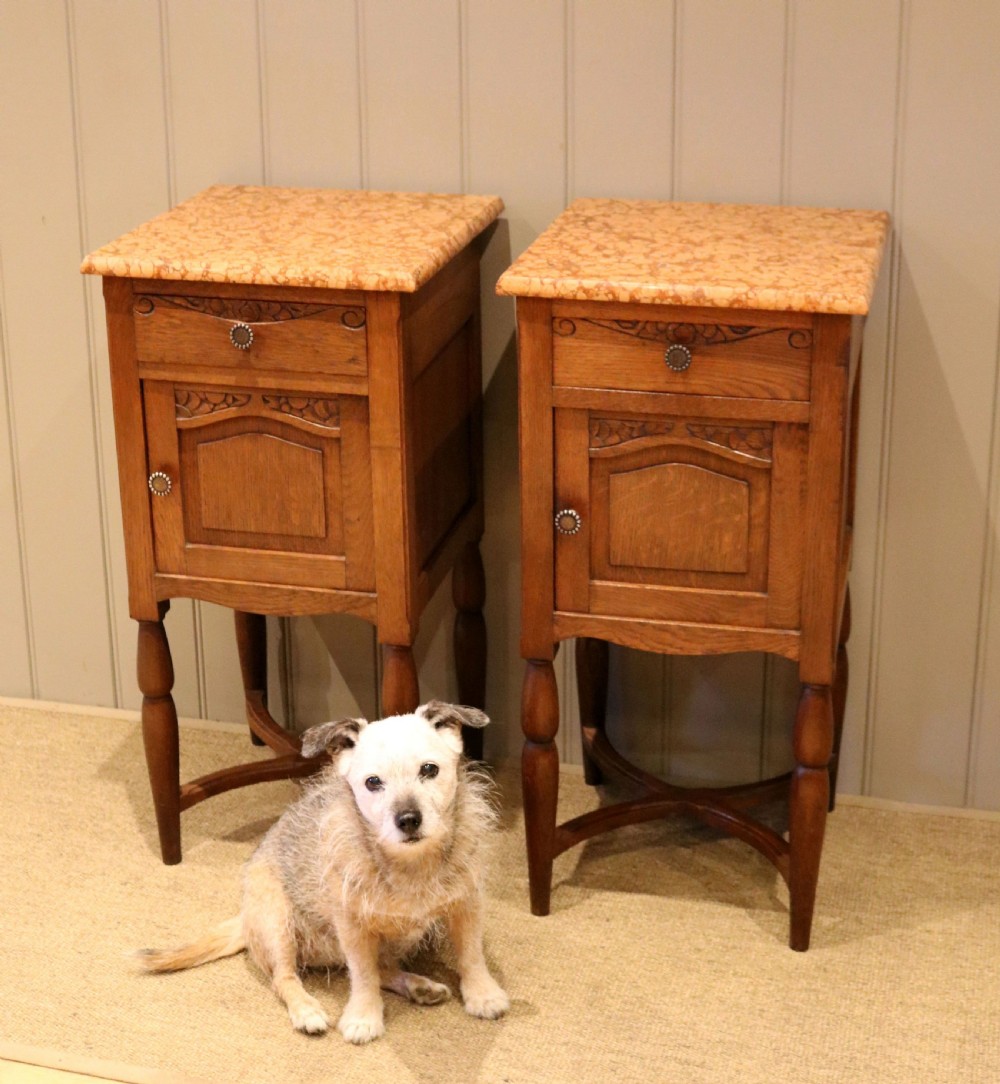 Pair Of French Oak Marble Top Bedside Cabinets View II