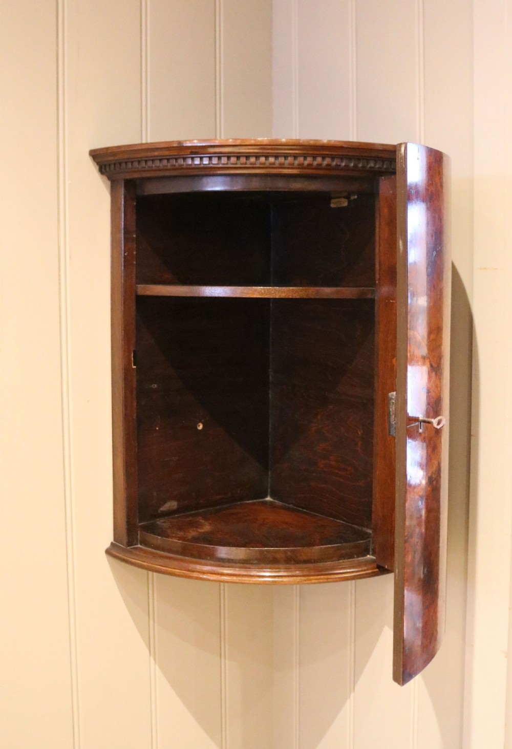 Burr Walnut Bow Front Wall Cabinet View V