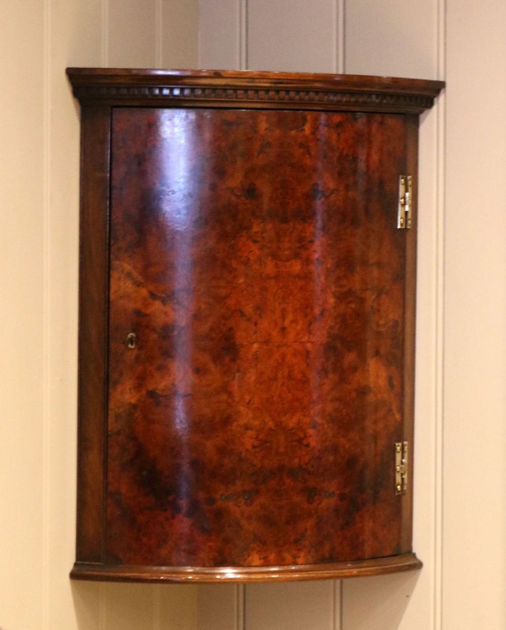 Burr Walnut Bow Front Wall Cabinet View VI