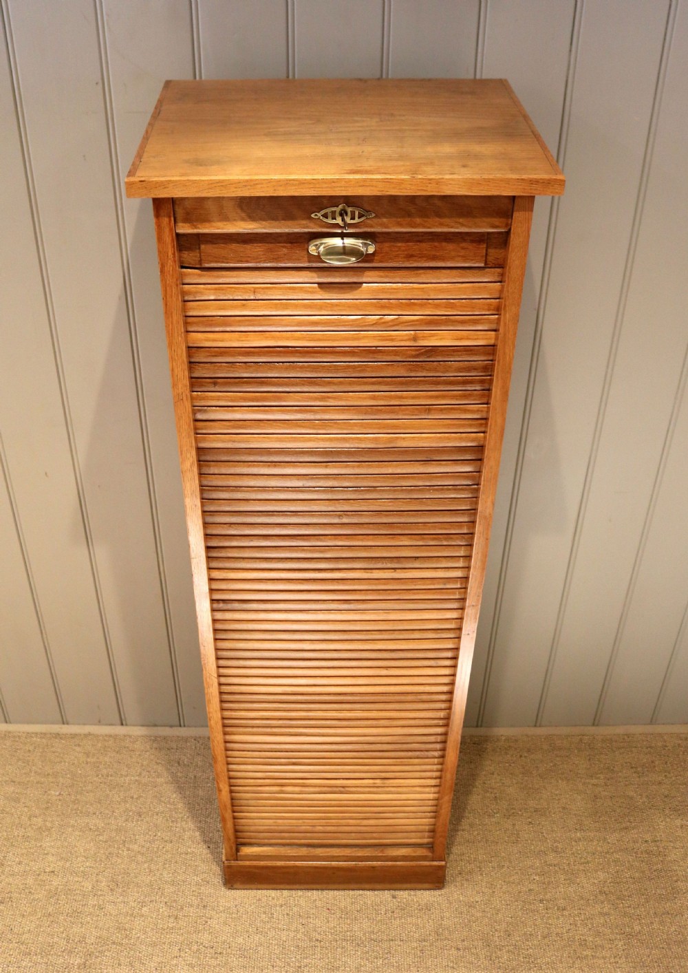 Single Oak Tambour Front Filing Cabinet View III