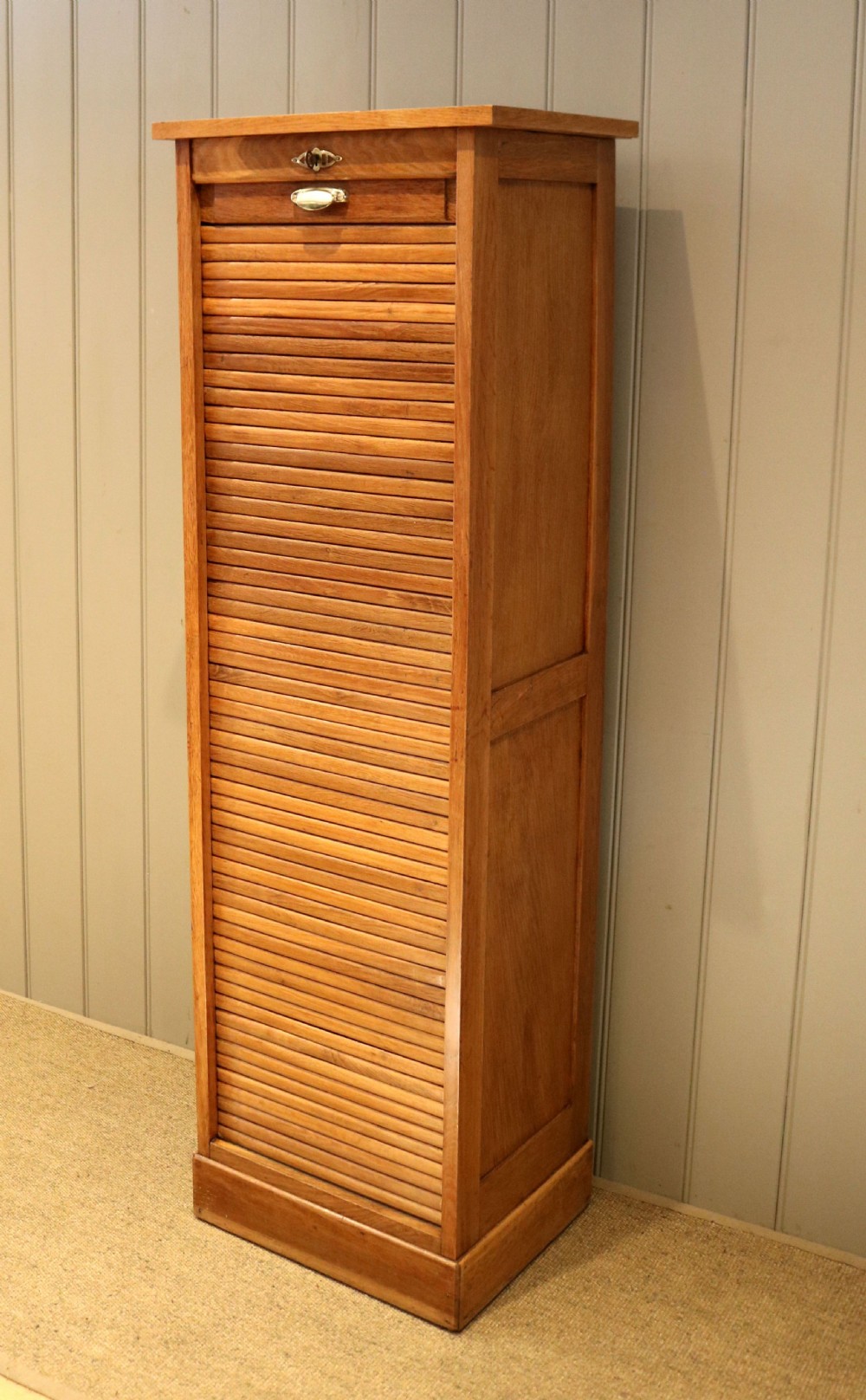 Single Oak Tambour Front Filing Cabinet View IX