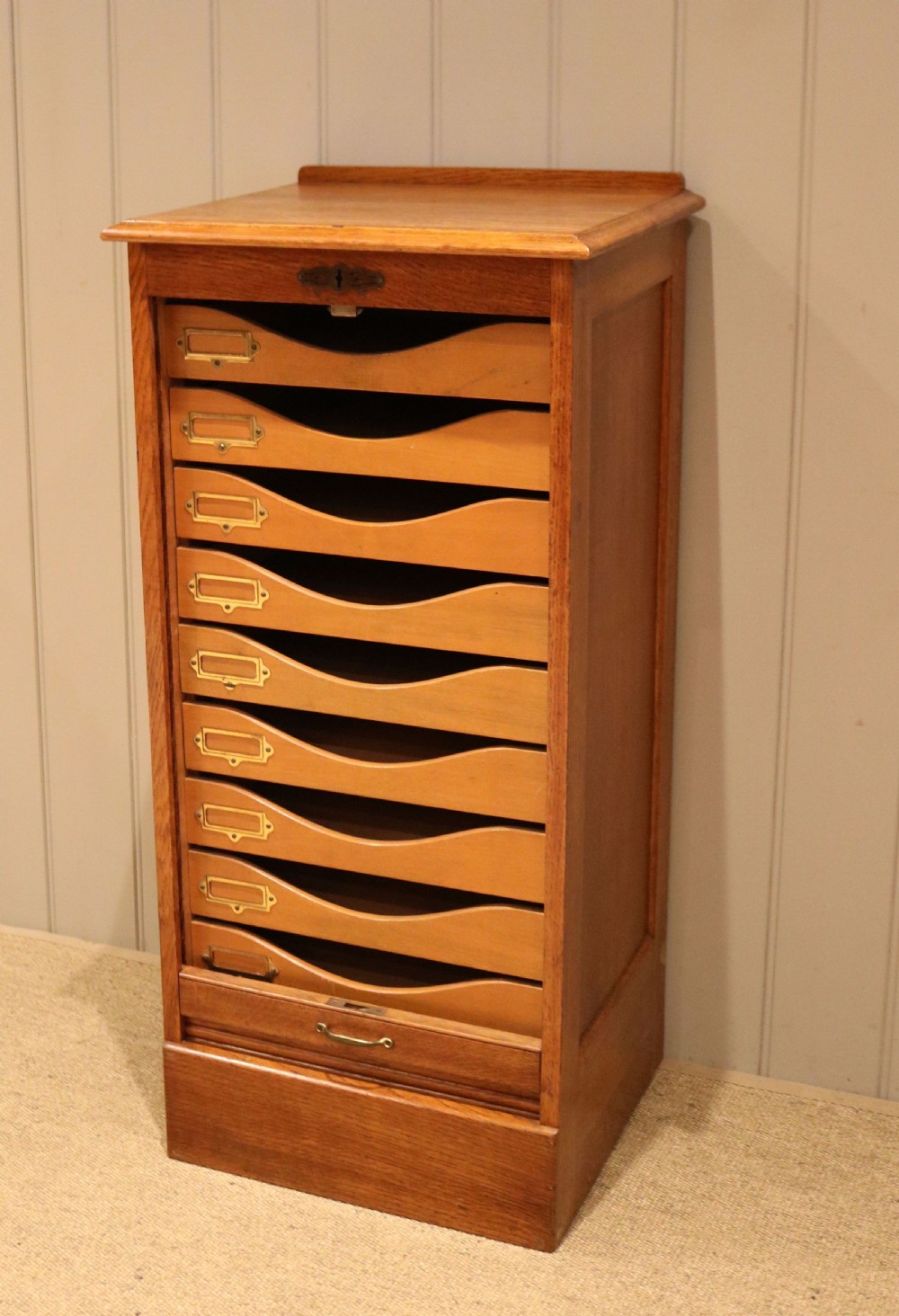 Oak Tambour Front Filing Cabinet View II