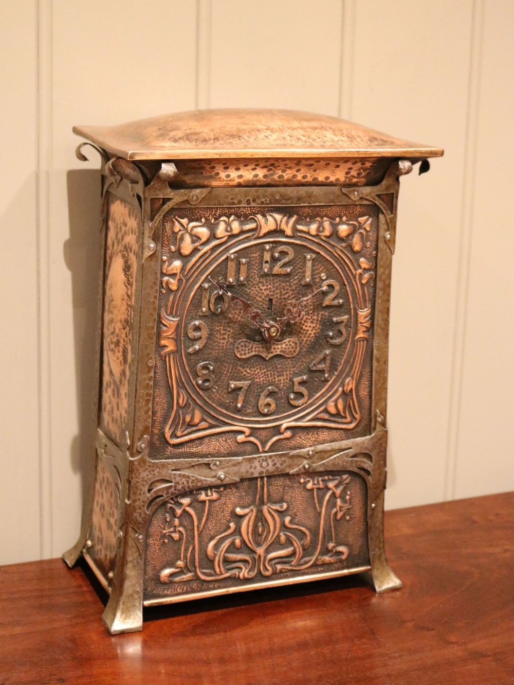 Arts & Crafts Voysey Style Copper And Steel Mantel Clock