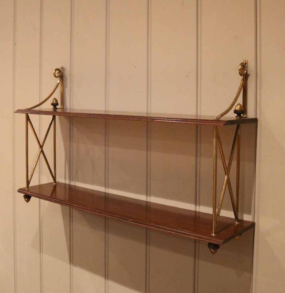 Two Tier Mahogany & Brass Wall Shelves