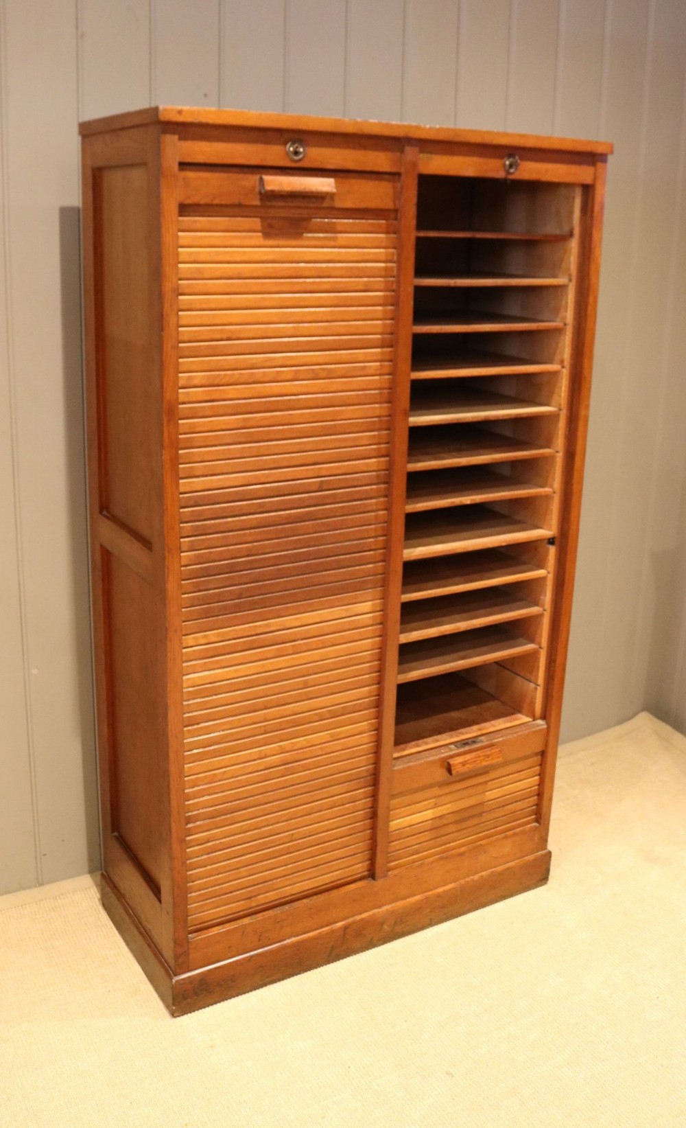 French Oak Double Tambour Front Filing Cabinet