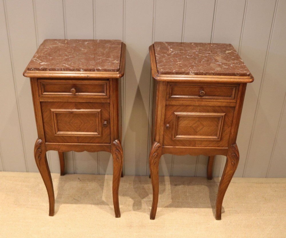 French Walnut & Beech Marble Top Bedside Cabinets