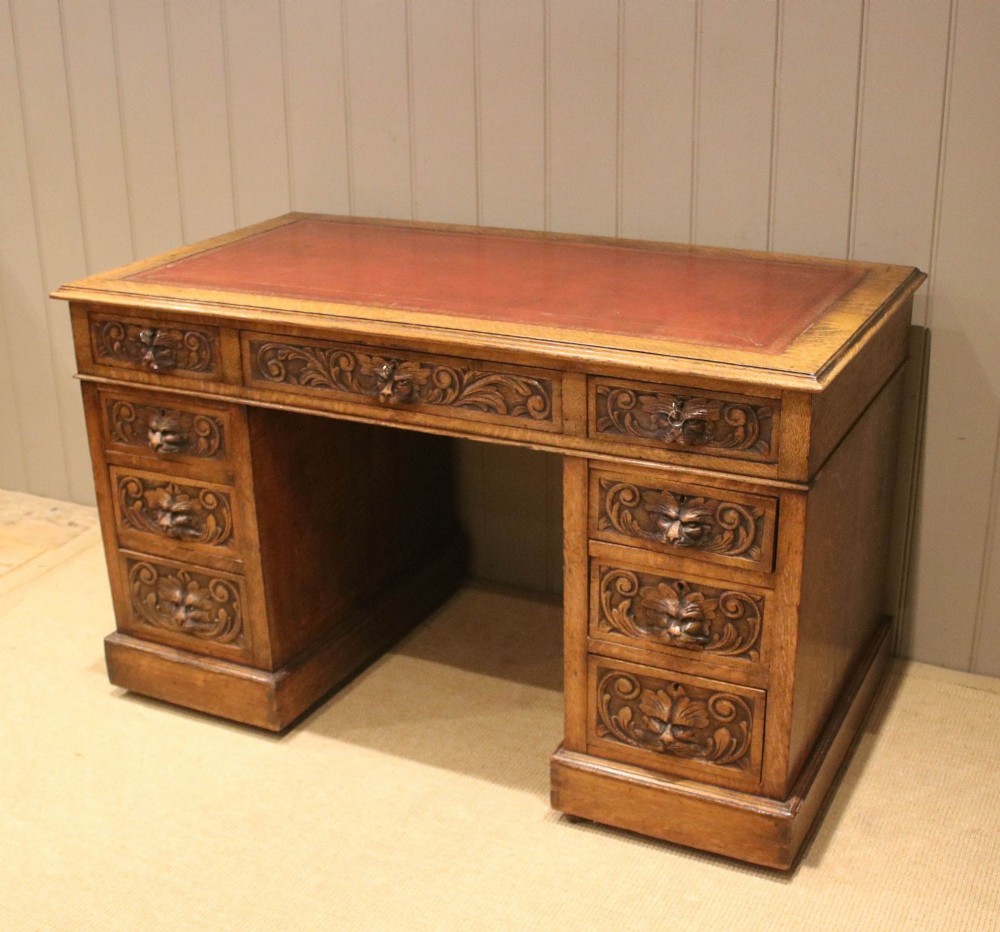 Carved Oak Pedestal Desk