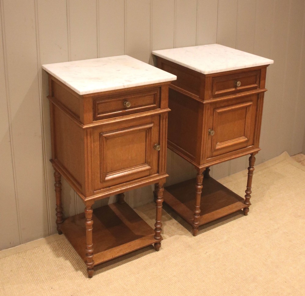 Pair Of French Oak Marble Top Bedside Cabinets