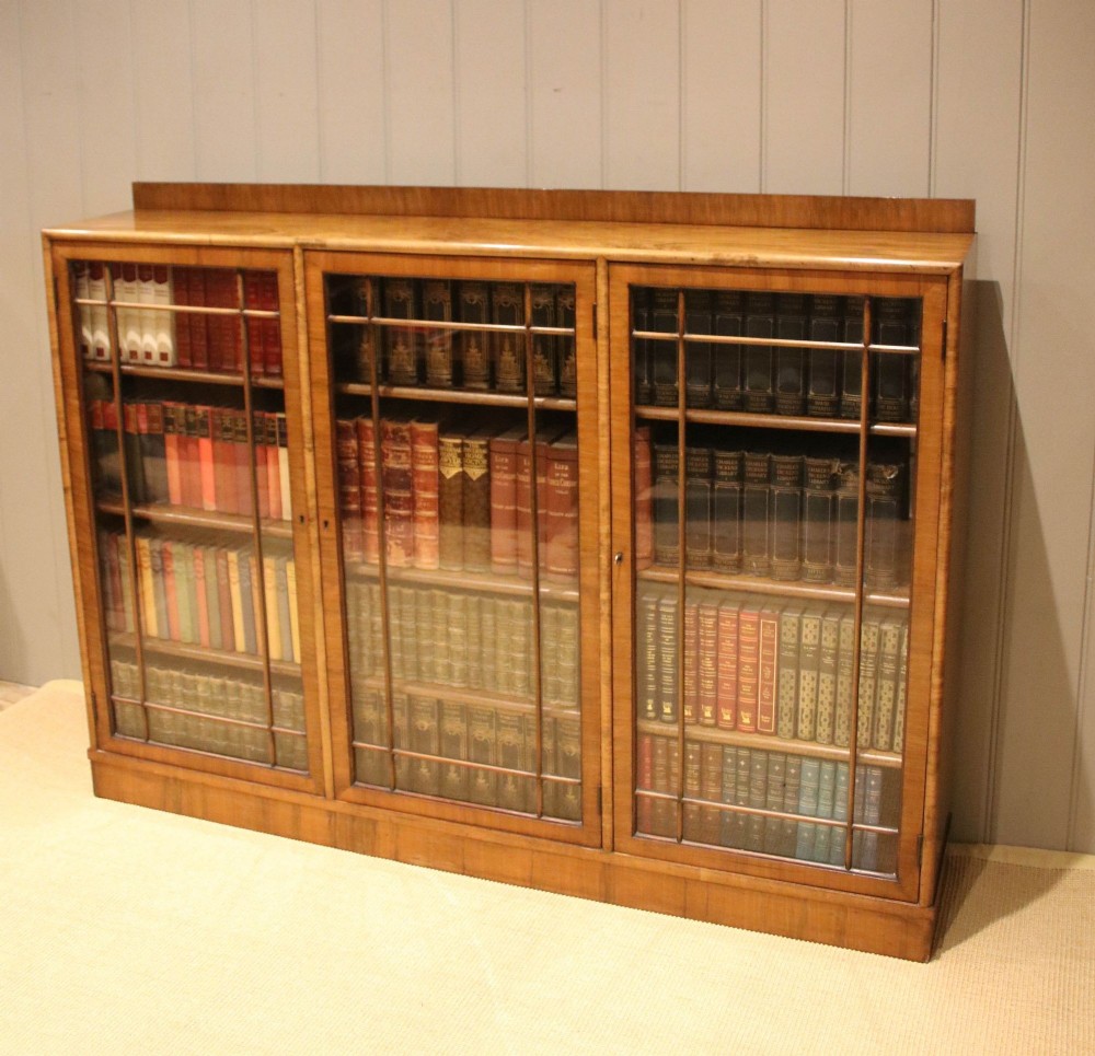 Long Three Section Walnut Glazed Bookcase