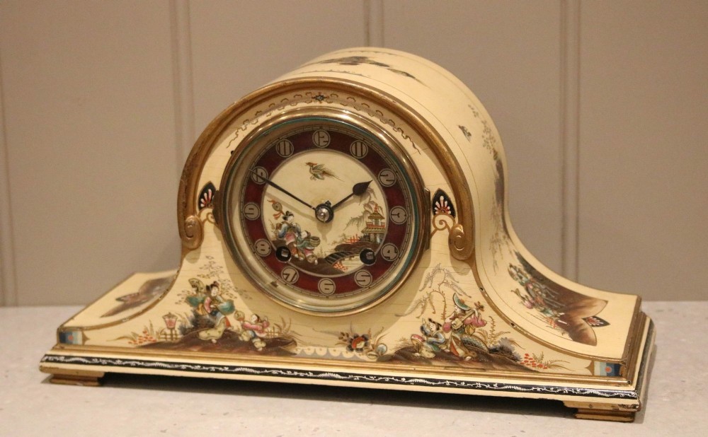 Unusual Cream Chinoiserie Napoleon Hat Mantel Clock
