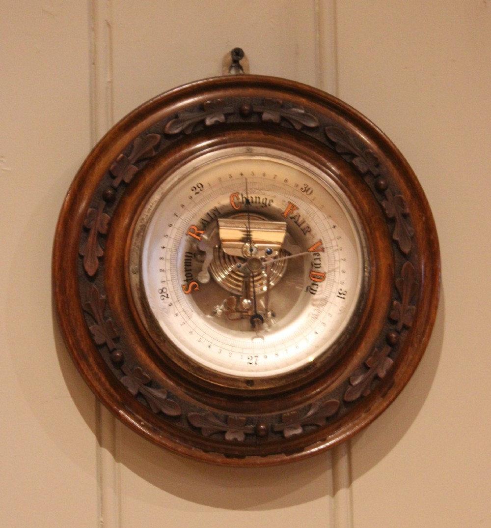 Circular Carved Beech Aneroid Barometer
