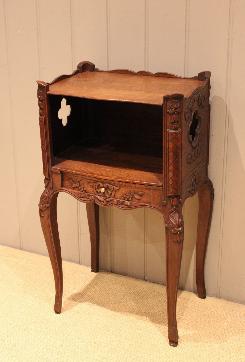 French Oak Carved Bedside Cabinet