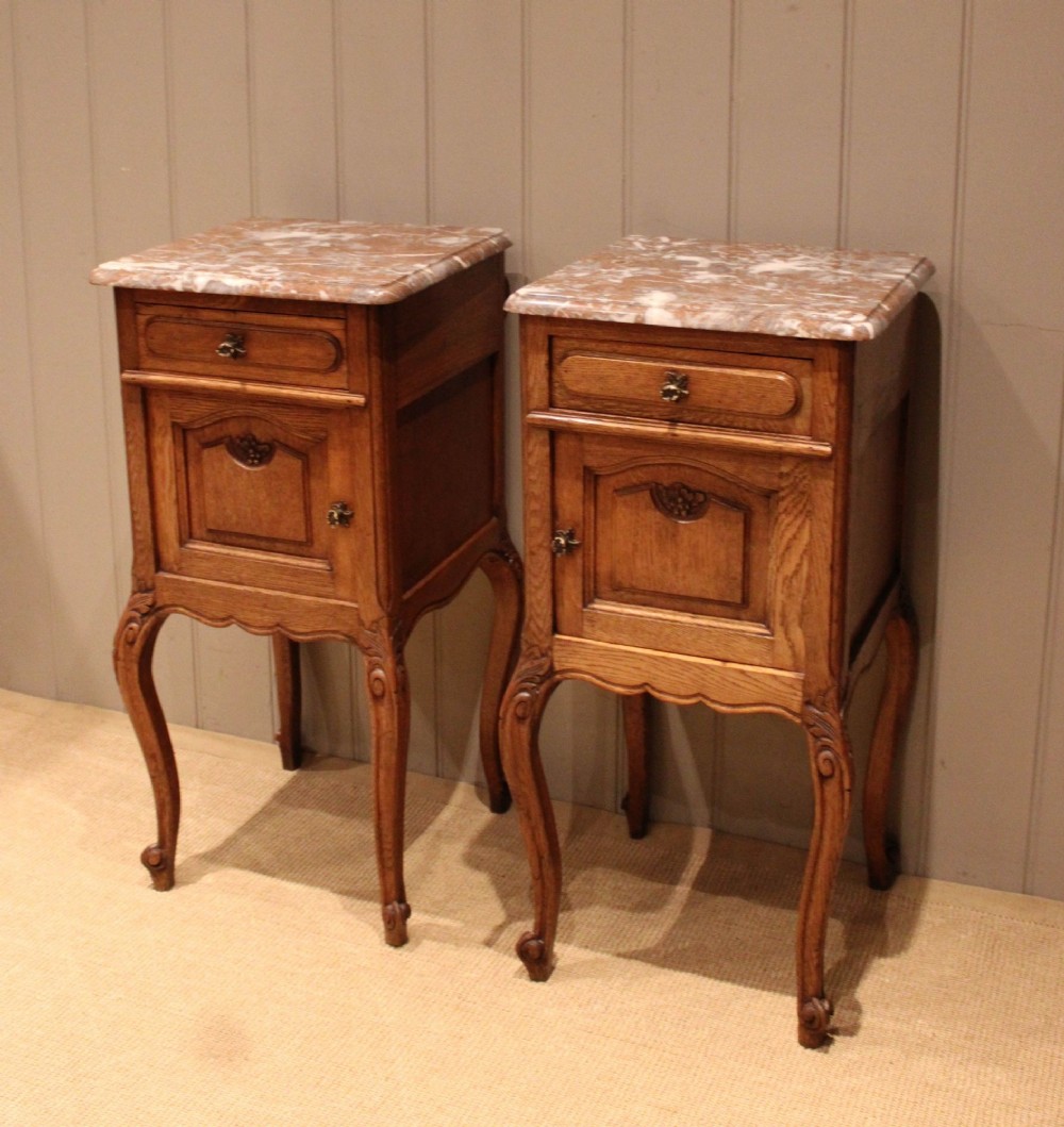 Pair Of French Oak Marble Top Bedside Cabinets