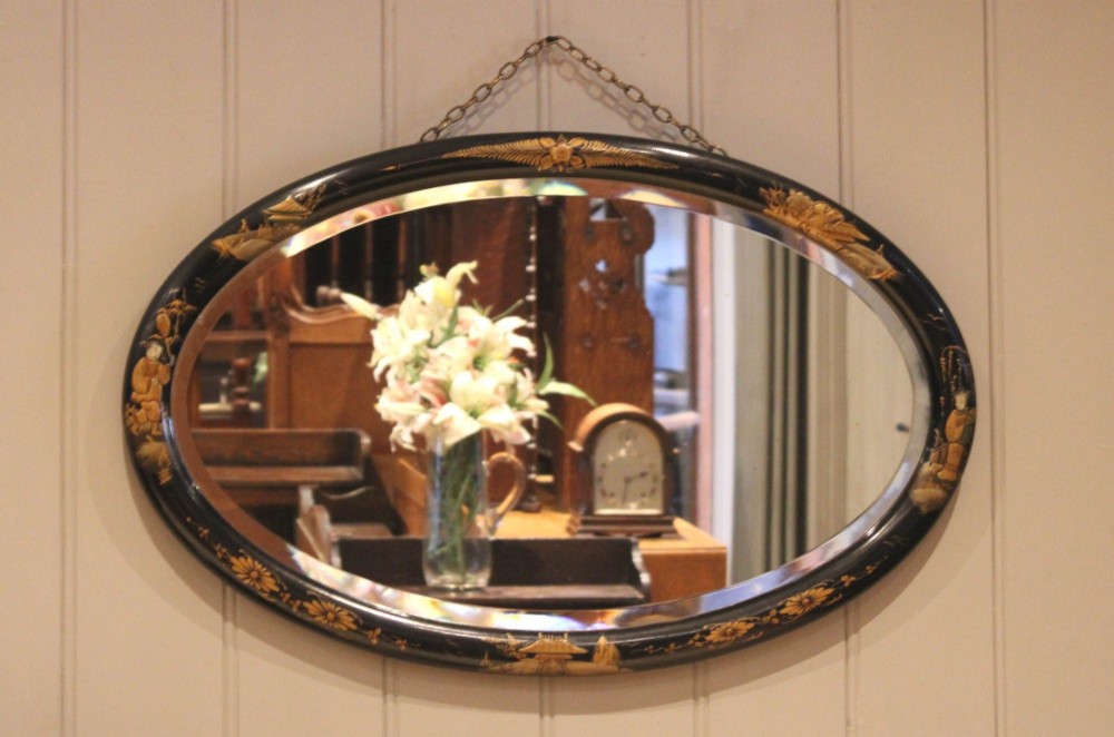 Black Oval Chinoiserie Wall Mirror