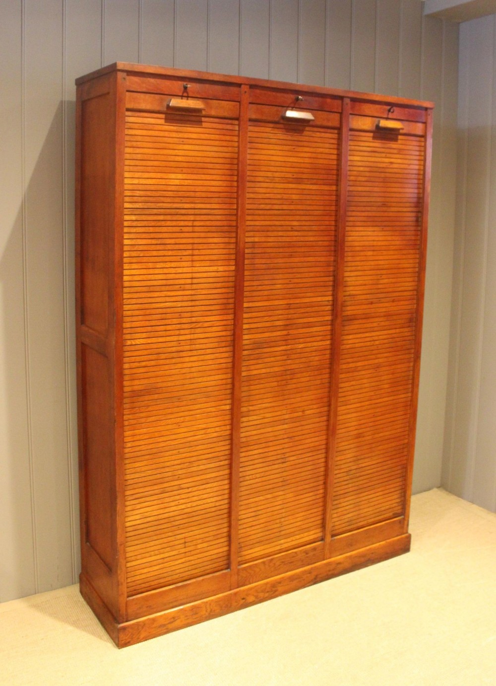 French Oak Triple Tambour Front Filing Cabinet