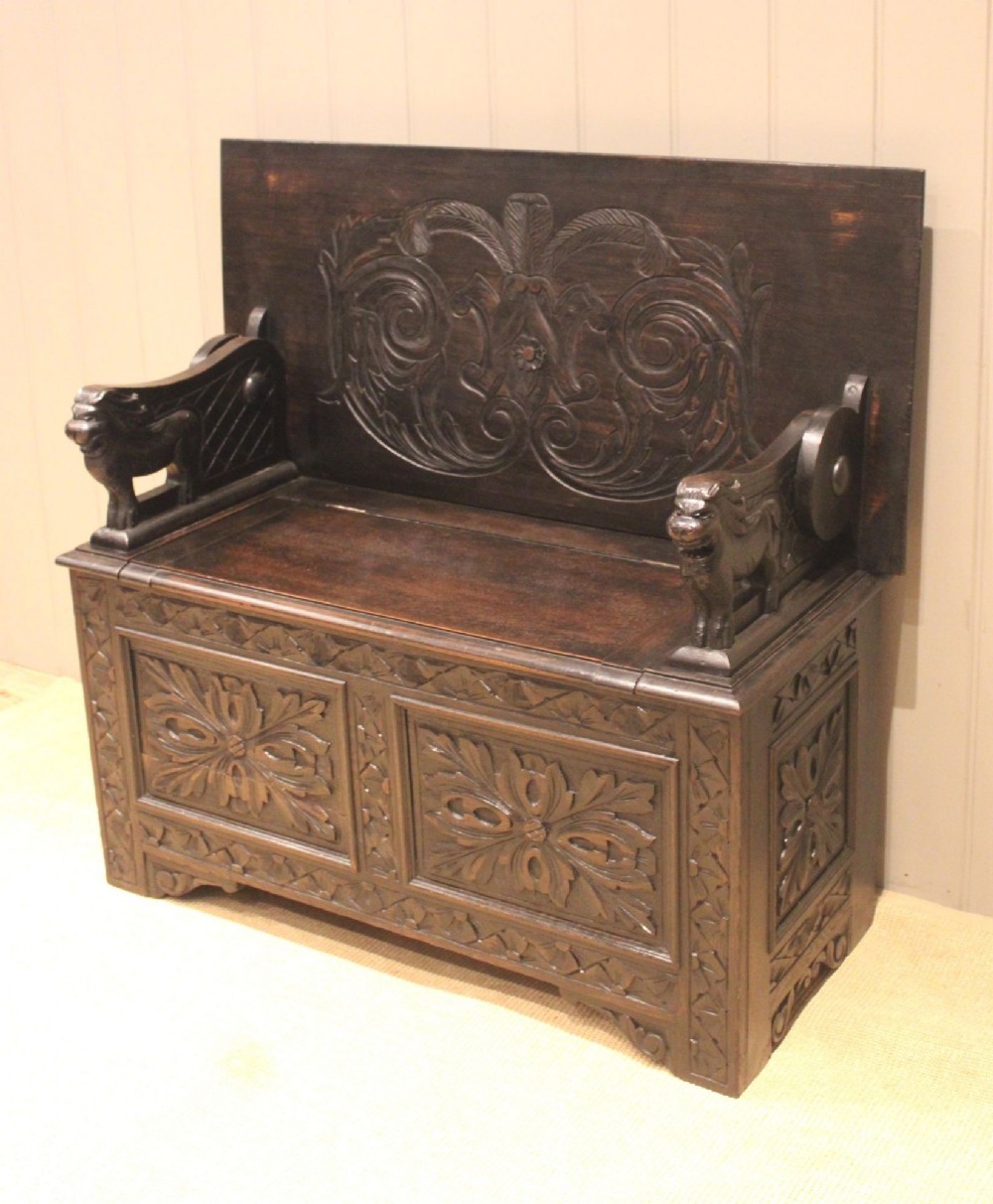 Late Victorian Carved Oak Monks Bench
